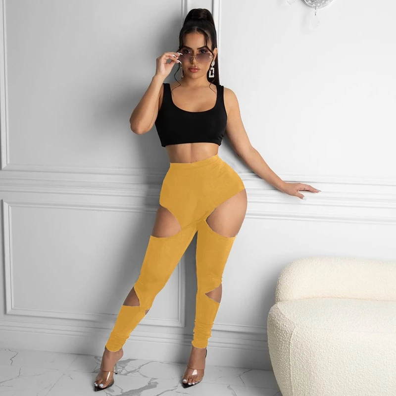 

Sexy Ripped Hollow Out Pants Summer Clothes for Women Elastic High Waist Sweatpants Sporty Joggers Loungewear Trousers