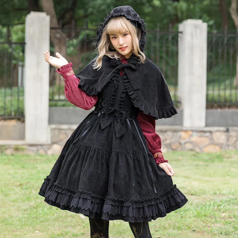 Фото Vintage Corduroy Strap Knee Length Jumper Dress Women Sweet Lolita Warm Ruffle Bow Corset Flower Embroidery For Lady Girls Женская Vintage Corduroy Strap Knee Length Jumper Dress Women Sweet Lolita Warm Ruffle Bow Corset Flower Embroidery For Lady Girls Женская