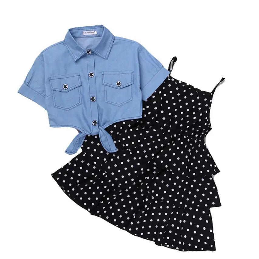 

2022 Girls Dresses Denim Jacket 2Pcs Teenage Children Kids Casual Princess Sleeveless Polka Dot Strap Dresses Outfits 4-12 Yrs