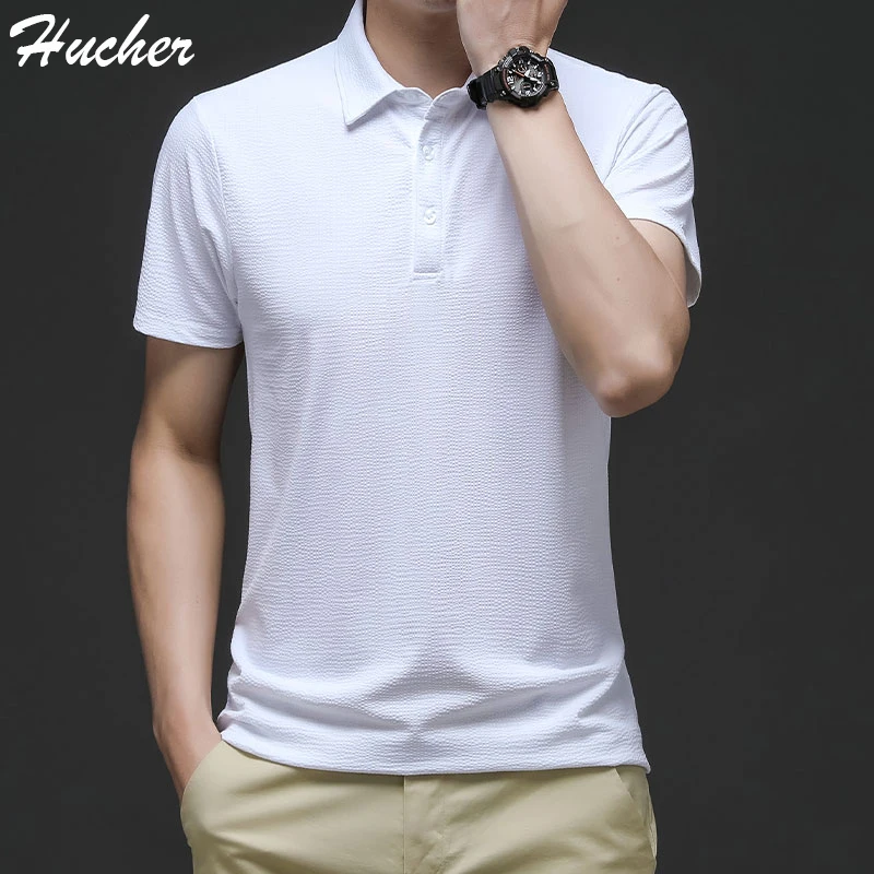 

Huncher Mens T-Shirts Men 2021 Summer Solid Slim Fit Casual Golf Wear Fashion Lapel Male Elastic Fiber Polo T Shirts For Mens