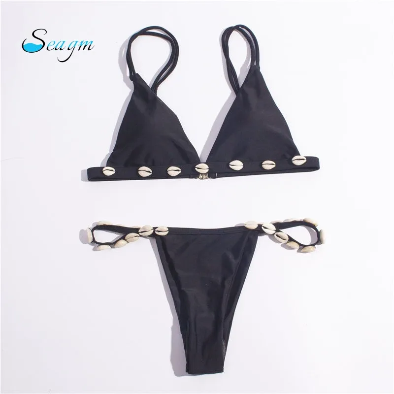 Однотонные сексуальные бразильские бикини женские ракушки стринги комплект 2020