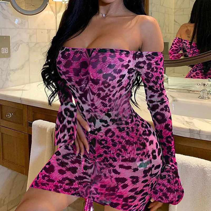 

Open Back Leopard Print Flared Sleeves High Waist A-line Skirt Clubwear Stretch Mesh Sexy Slash Neck Drawstring Mini Dress