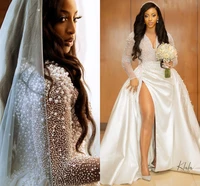 2022 plus size saudi arabic dubai sparkly luxurious wedding bridal dresses pearls sheer v neck bride gown new robe de mariage