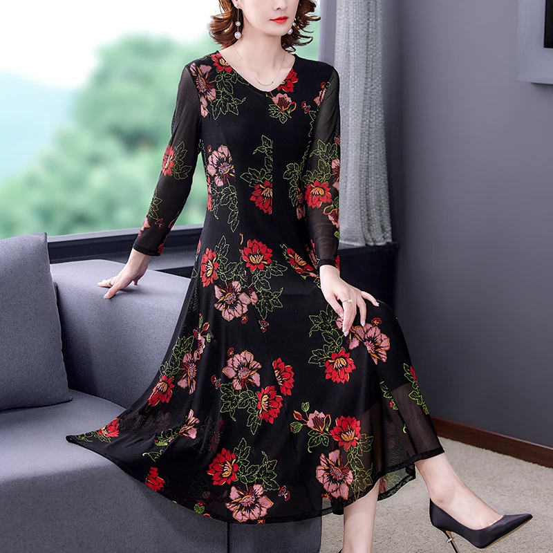 

Spring Floral Mesh Chiffon Beach Midi Dress Women Elegant Bodycon Vestidos 2022 Autumn Korean Casual Office Lady Vintage Dresses