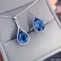 fine jewelry 925 pure silver inset with natural gem womens luxury elegant water drop blue topaz pendant ring set support detect