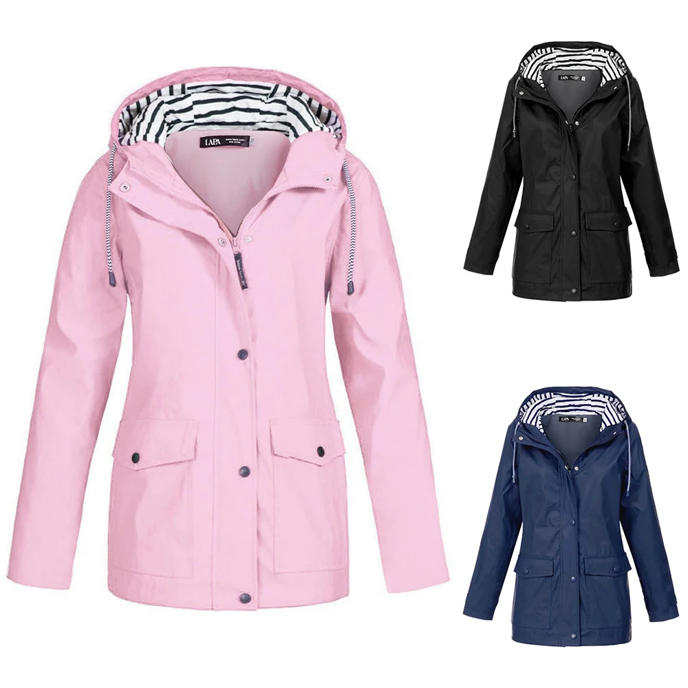 

Women Solid Color Jackets Windproof Zipper Coat Female Outdoor Mountaineering Suit Waterproof Hoodie Plus Size Camping Coat D30
