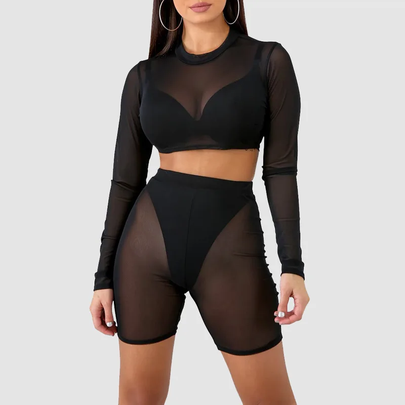 Сетчатый Женский комплект 2 шт. топ с длинными рукавами и шорты из двух предметов