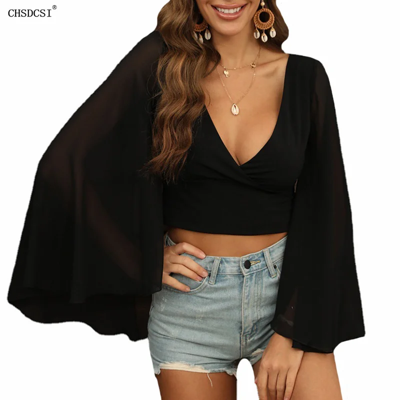

CHSDCSI Long Sleeve Shirts for Women Summer Clothes Sexy Solid Color Casual Deep V-Neck Black Office Lady Club Streetwear Top