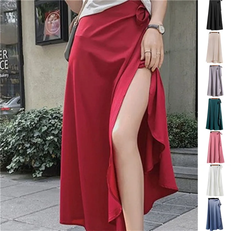 

Summer Skirts Womens 2021 New High Waist Side Tie Beach Casual Wrap Skirt Women Solid Elegant Midi Skirt Woman Clothes