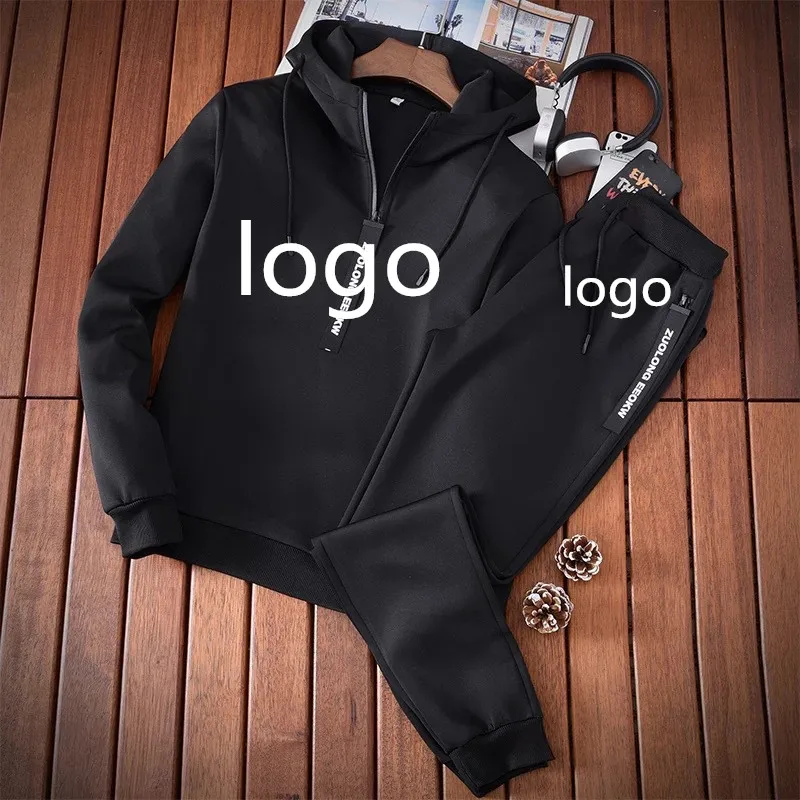 

NEW Spring Autumn Men Zip Hoodie Can Custom LOGO Printing Casual hoodie High Quality Cotton Men hoodie + Pants Suit 2Pcs