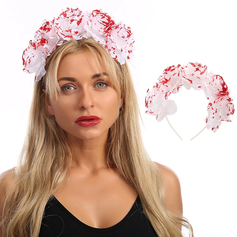 

Women White Red Bloody Floral Headband Halloween Day of The Dead Bride Hair Hoop 83XF