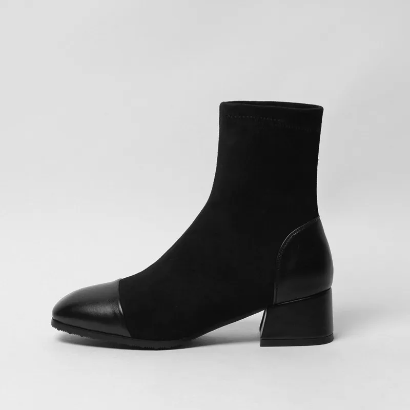 

Sock boots stretch fabric shoes women knee high long boots winter new middle block heels ankle boots 2020 black plus size 34-43