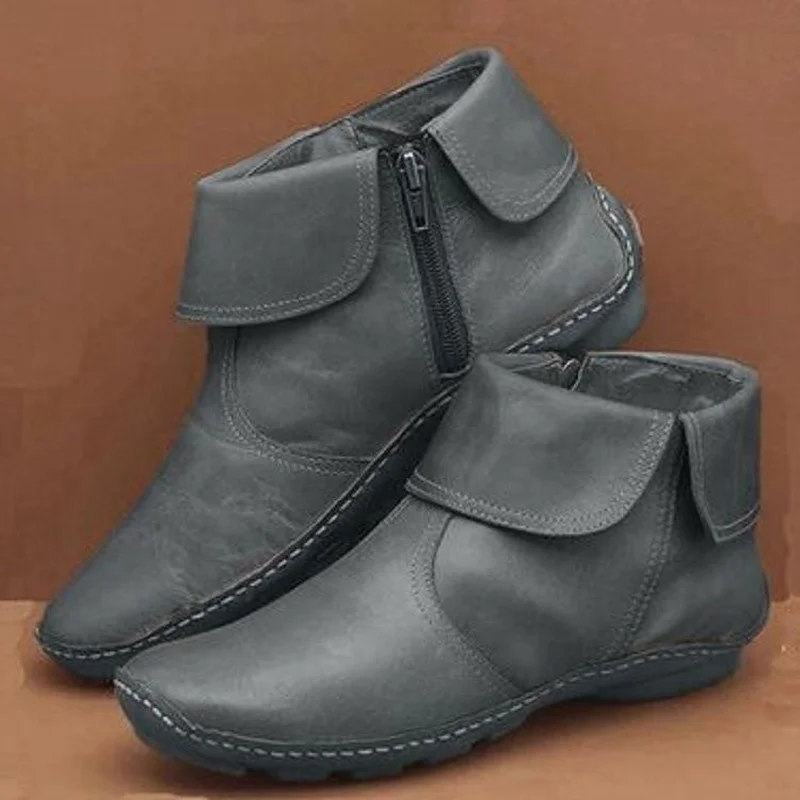 

Flanged Flat Bottom Side Zipper Low-barrel Leather Short Boots Women's Thick Cotton Boots Color Matching Nude Boots Large Size