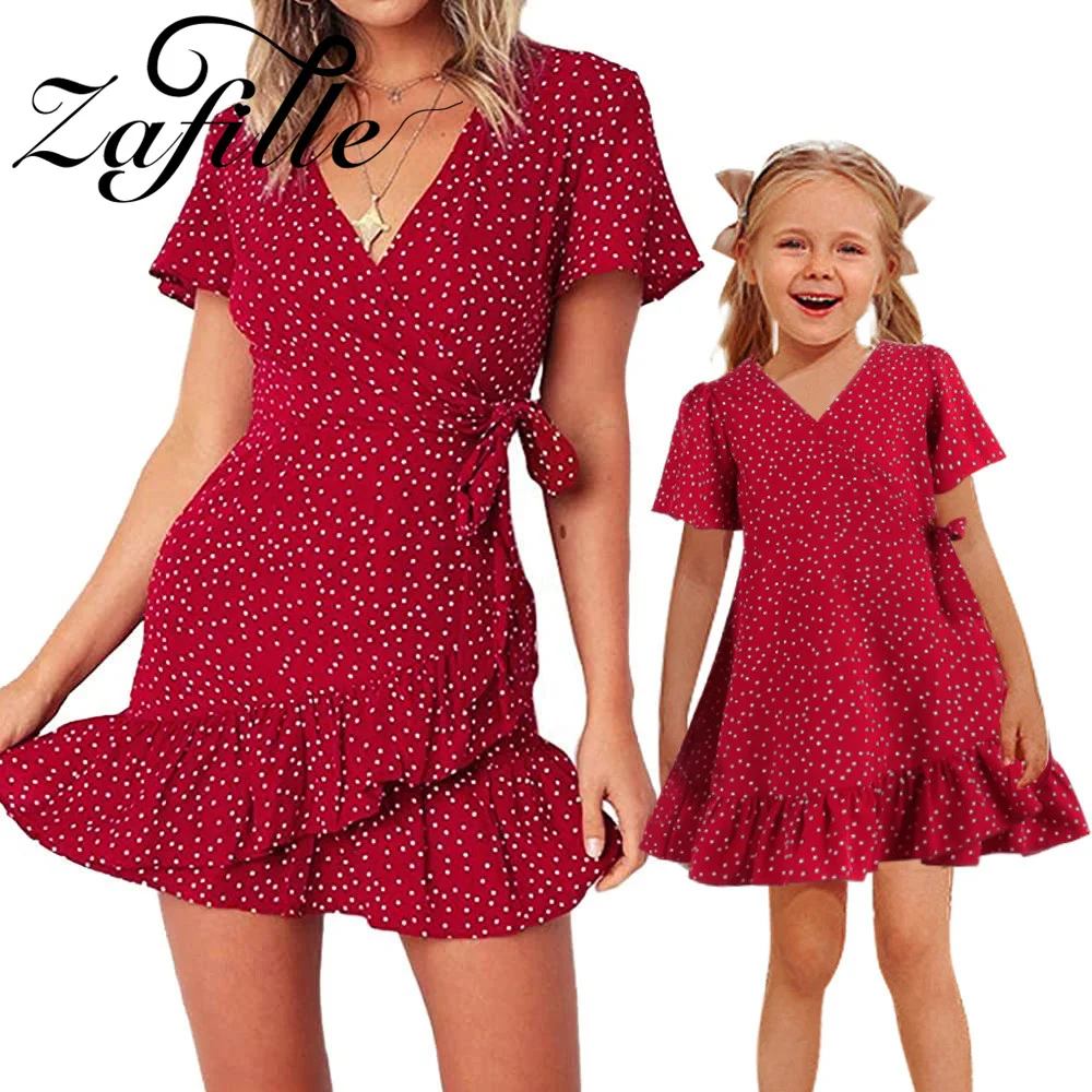 

ZAFILLE 2022 Princess Dress For Mom And Daughter Polka Dot Family Matching Outfits Bandage Mother Daughter Clothes Sweet Dresses