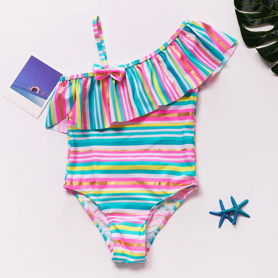 2019 Girls Swimsuit 3-8years One Piece Swimwear For Children's Ruffle Style Striped With Bow-knot 9196 |