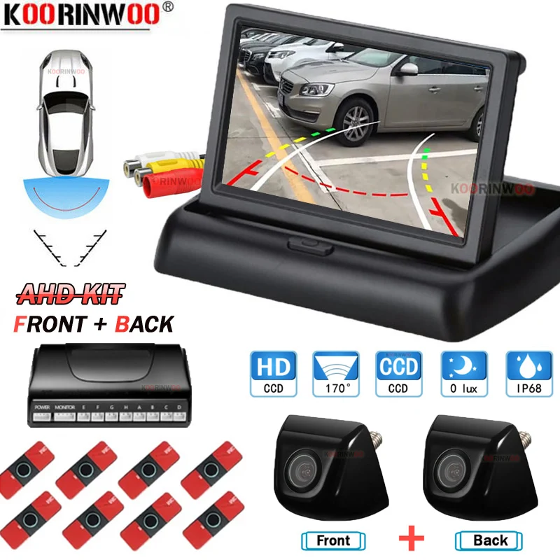 

Koorinwoo Dual CPU Intelligent For Car Parking Sensors Parktronic 8 Radars Detector Buzzer 12v Alarm Camera With Folding Monitor