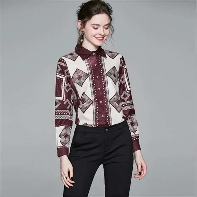 

Fashion New Women's Positioning Print Shirt Long Sleeve Lapel BlousShirt Slim Top T shirt