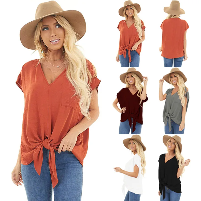 

2021 European and American summer new women tops deep V-neck solid color pockets loose short-sleeved T-shirt women