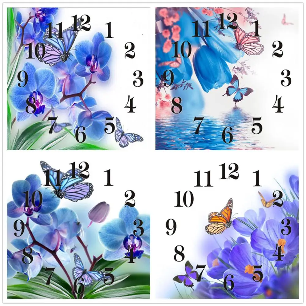 

Full Square/Round Diamond Painting Cross Stitch With Clock Mechanism Mosaic 5D Diy Butterfly Blue Flower 3d Embroidery Gift