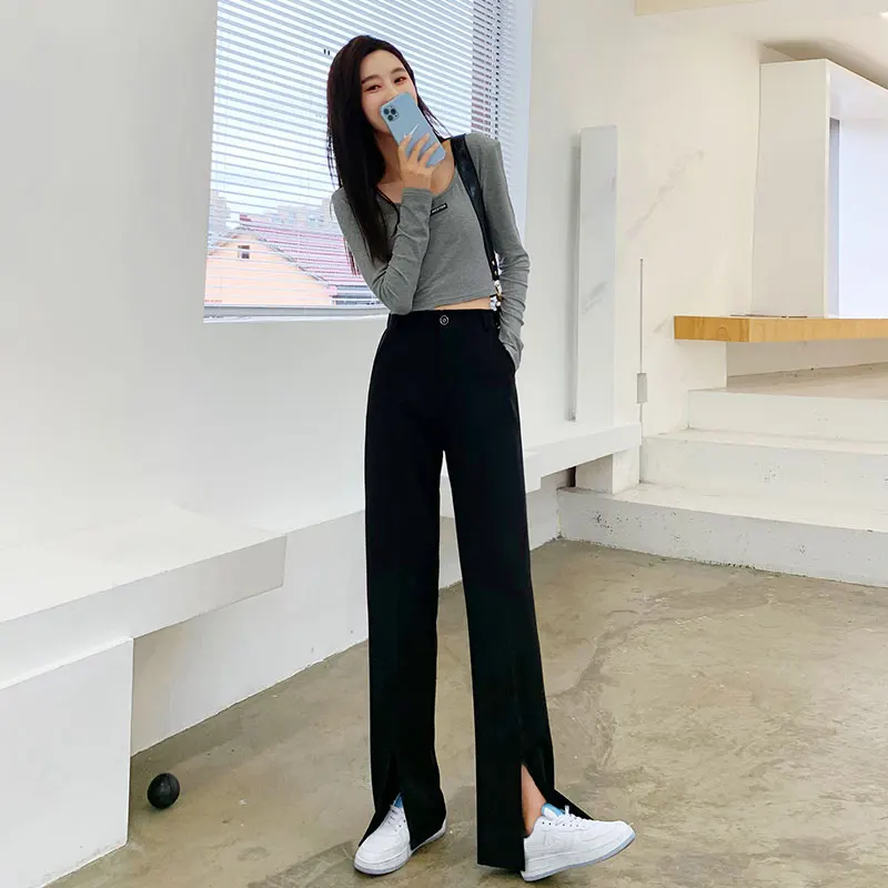 Костюм с маленьким разрезом брюки широкими штанинами женская одежда летняя