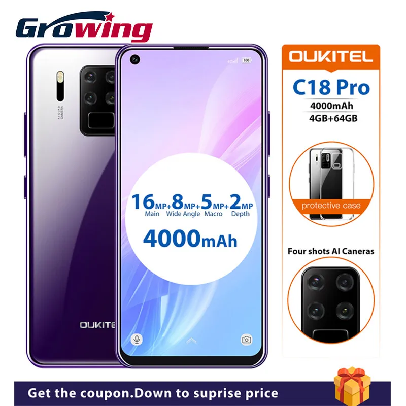 OUKITEL C18 Pro 6 55 &quot4 Гб 64 ГБ Android 9 0 смартфон 4000 мАч 16MP 4 камеры 1600*720 MT6757 Восьмиядерный
