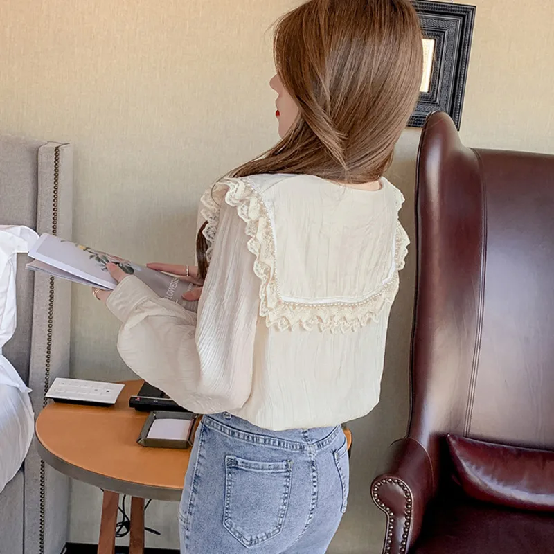 

#1939 Chiffon Shirts Blouse Women Long Sleeves Sexy Peter Pan Collar Spliced Lace Sexy Chiffon Blouse Long Sleeved Vintage Loose