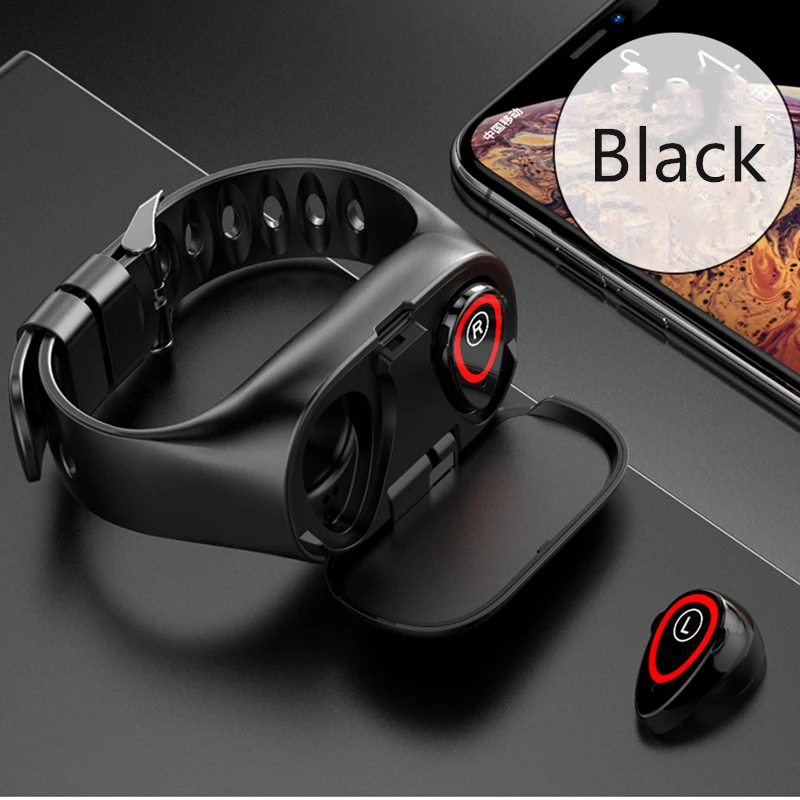 TWS Bluetooth Earphone Smart Watch 2 in 1 Wireless Headset for phone SmartWatch With Heart Rate Monitor Wireless Sports Earbuds - Цвет: Black