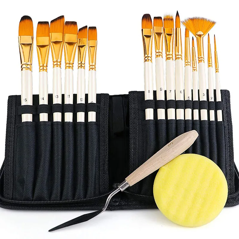 

15pcs Artist Paint Brushes Set with Palette Knife & Sponge Carrying Case Different Sizes Nylon Hair for Watercolor Oil Painting