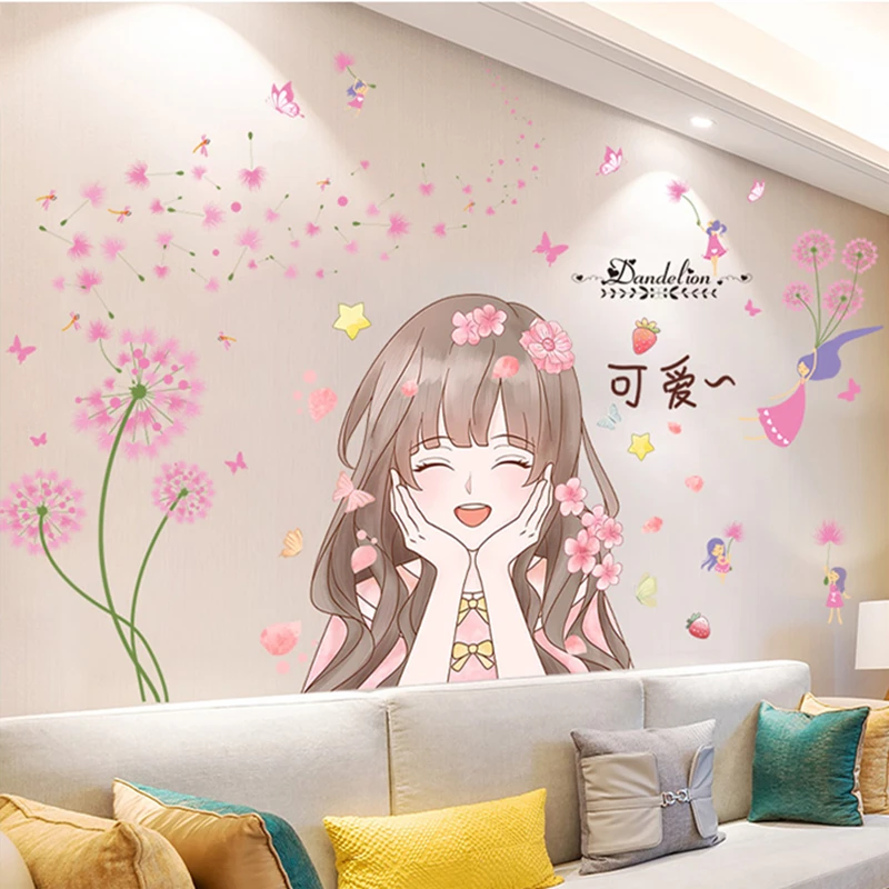 

Dandelions Flowers Wall Stickers DIY Cartoon Girl Wall Decals for Living Room Kids Rooms Kitchen Home Decoration Accessories