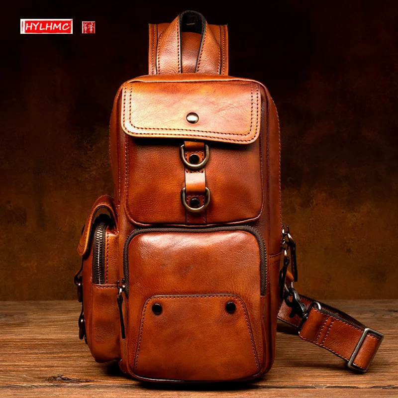 

Retro Genuine Leather Men Chest Bag Casual Crossbody Bag Vegetable Tanning Leather Back Pack Shoulder Bag Men's Travel Bags Soft