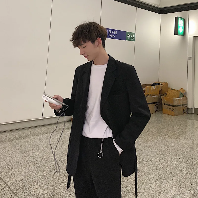 

Chic loose silhouette stripe suit men's quaint ruffian double breasted suit