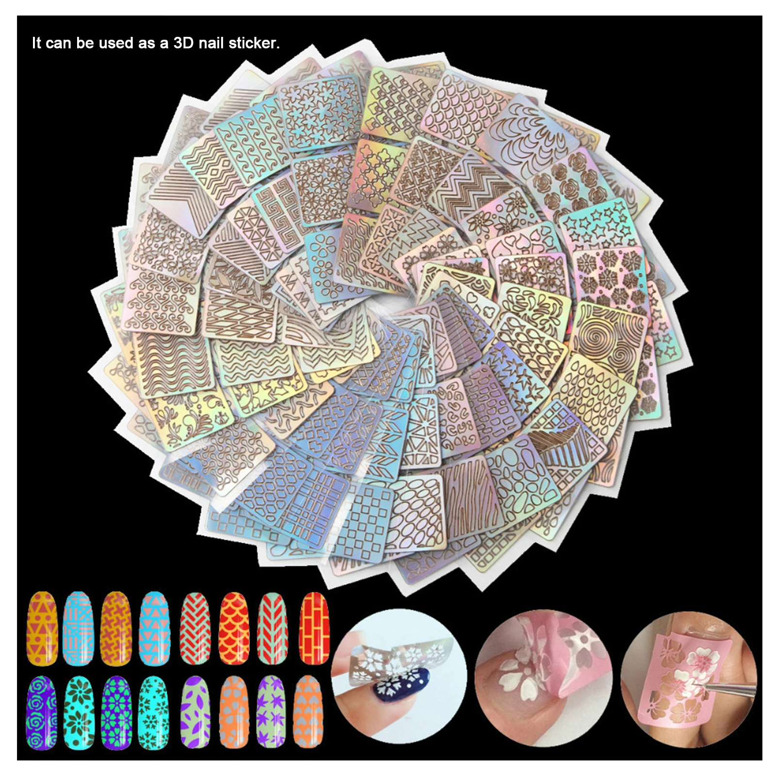 

144Tips 24Sheets Laser Nail Art Hollow Stickers Nail Vinyls 3D Image Transfer Guide Stencil Set Irregular Pattern Mixed Decals