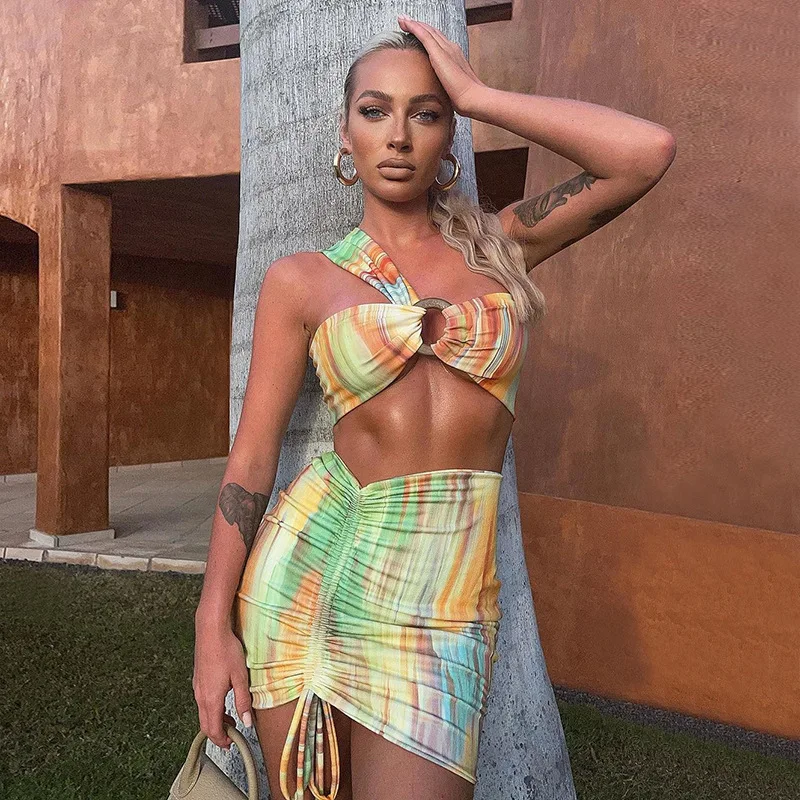 

Giyu Skew Collar Printed Sexy Two Pieces Dress Sets Womens Backless Camis Ruched Drawstring Mini Skirts Outfits Matching Set Hot