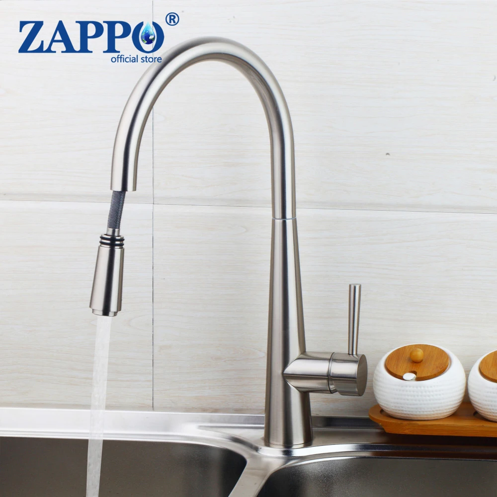 ZAPPO Wholesale And Retail Pull out Spray Kitchen Faucet Mixer Tap Brushed Nickel Single Hand Brass | Строительство и ремонт