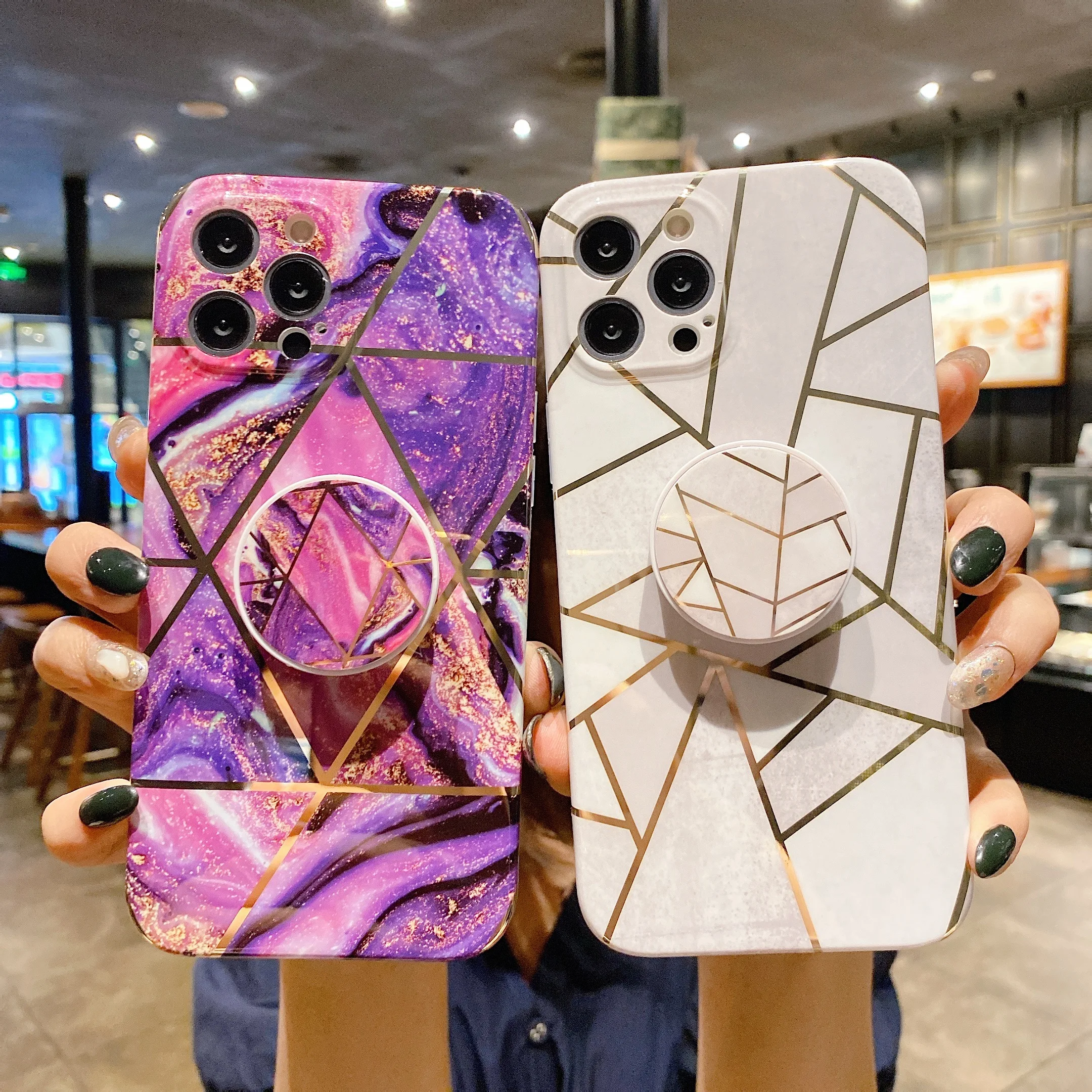 

Luxury Geometric Marble Plating Phone Case for iPhone 12 Mini 11 Pro Max XR SE 2020 X XS 6S 7 8 Plus Bracket Shockproof Cover