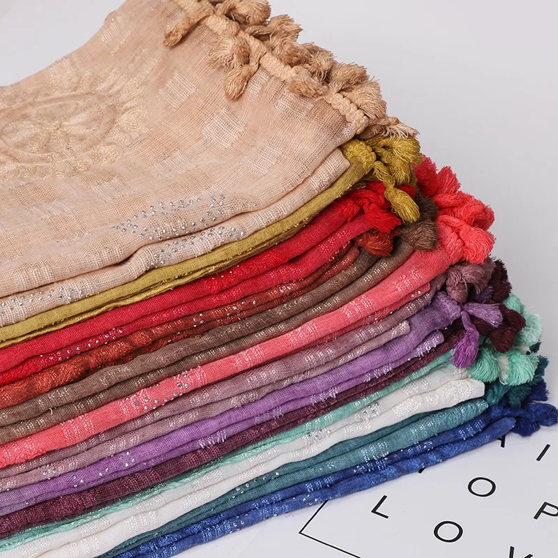 Женский мусульманский однотонный хиджаб шарф из хлопка и льна стразы головной