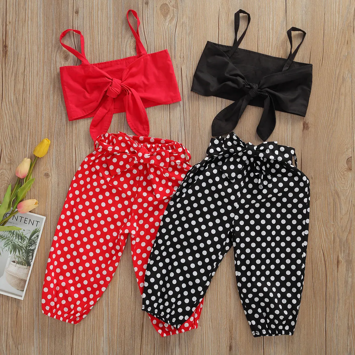

Dropshipping 2Pcs Set Summer Baby Girls Clothes Sets Polka Dot Bowknot Sleeveless Vest Tops+Pants