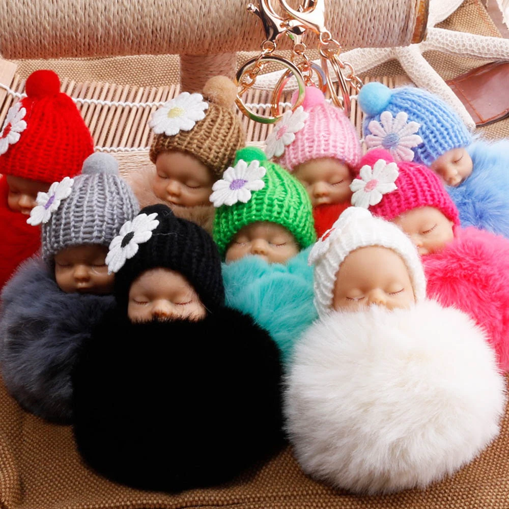 Новый брелок Спящая кукла милый меховой помпон для женщин ювелирное изделие