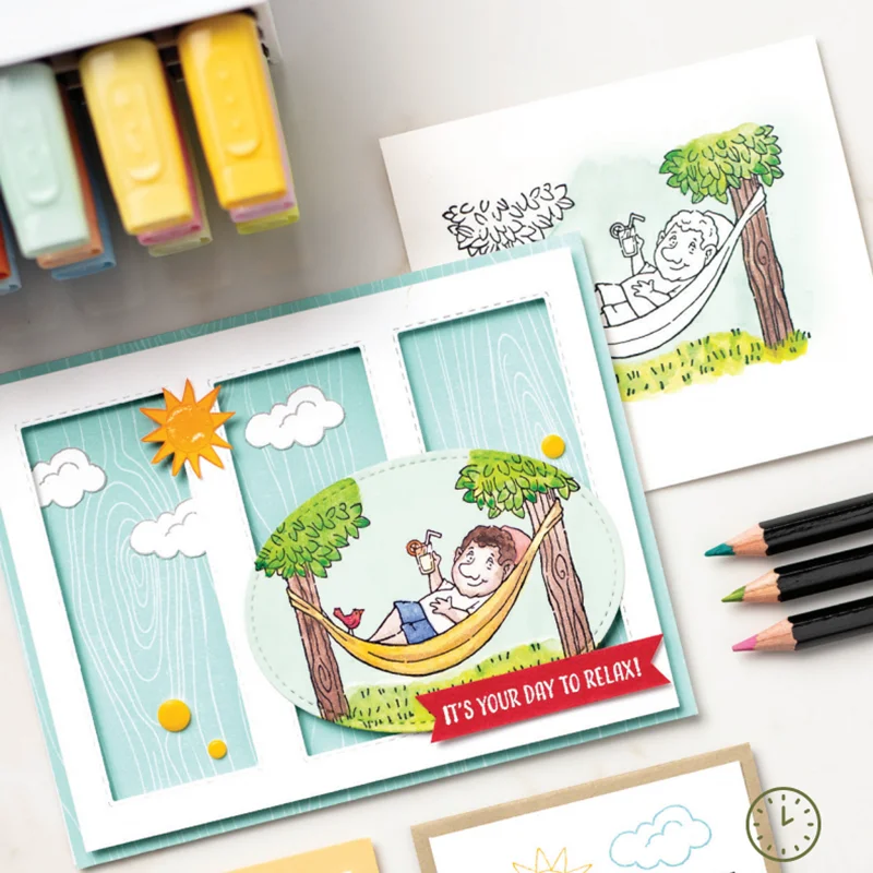 

Metal Cutting Dies and Rubber Stamps Hammock Man Sun Tree Letters Scrapbooking Stencil DIY Album Make Template Decor Model Craft