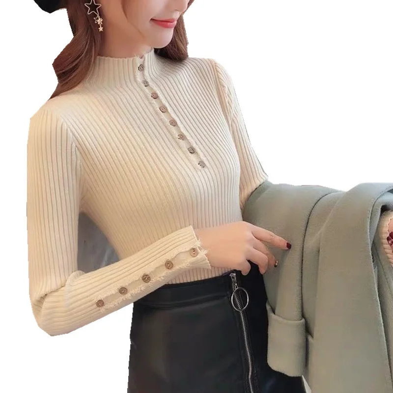

QNPQYX Women Autumn Knitted Slim Sweaters Solid Knitted Female Cotton Soft Elastic Color Pullovers Button Full Sleeve Turtleneck