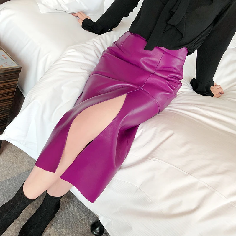 

Женская юбка с высокой талией, длинная облегающая юбка из натуральной овечьей кожи, лето 2021