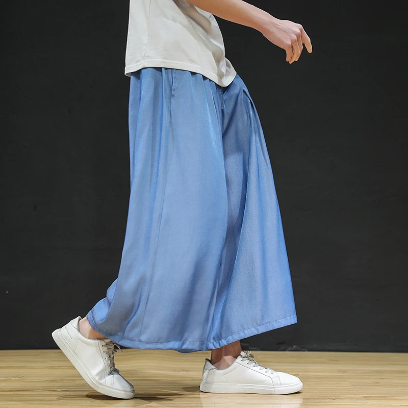 

Chinese Style Thin Ice Silk Wide-Leg Pants 2021 Summer Casual Loose Plus Size Trousers Loose Men'S Clothing Oversized Hakama