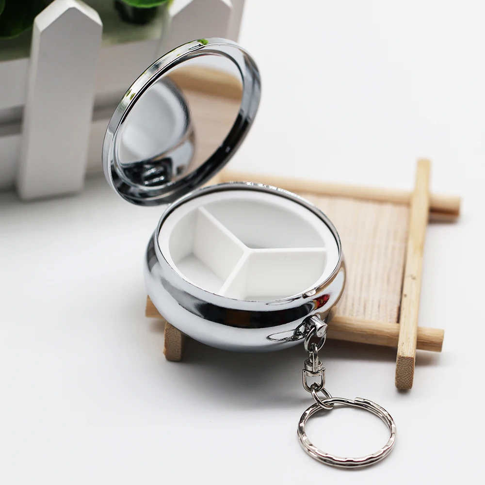 1 шт. металлический серебристый круглый контейнер для таблеток с 3 отверстиями и