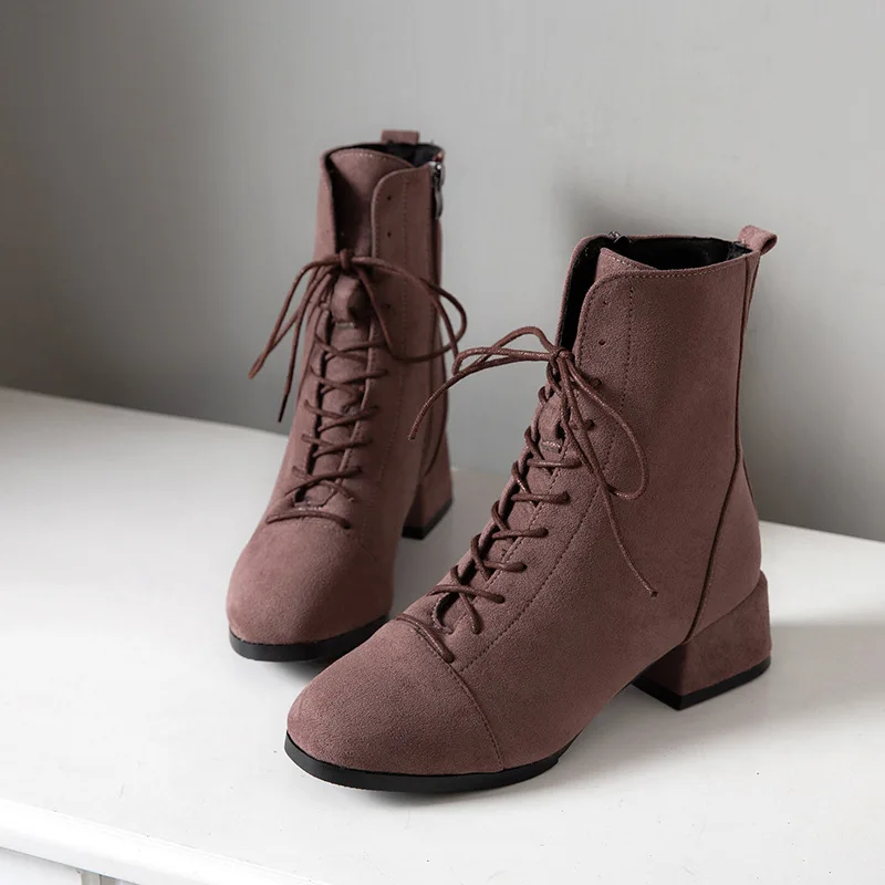 Обувь из флока модные женские туфли ботинки до середины икры круглый носок