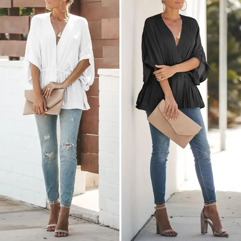 Модная женская офисная блуза Женские однотонные пуловеры с рукавом летучая мышь