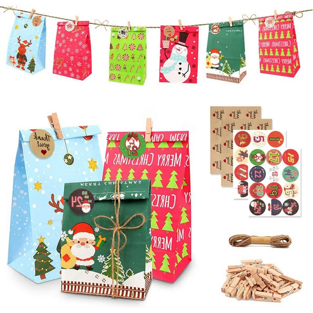 

Рождественский календарь с навесом 2021, рождественские пакеты из крафтовой бумаги для лечения, 1-24 обратный отсчет, домашняя Подарочная коро...