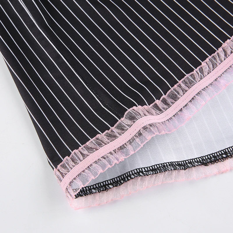 

Women's Stripes Sling Short Skirt Dress French Style Skinny Nightgown Lace Trim Mini Dress A66