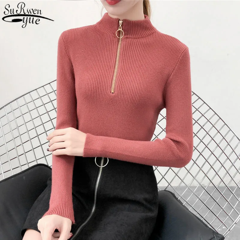 

New Knitted Sweater Female Korean Autumn and Winter Semi-high-neck with Zipper Long Sleeve Bottom Pullover Women 12662