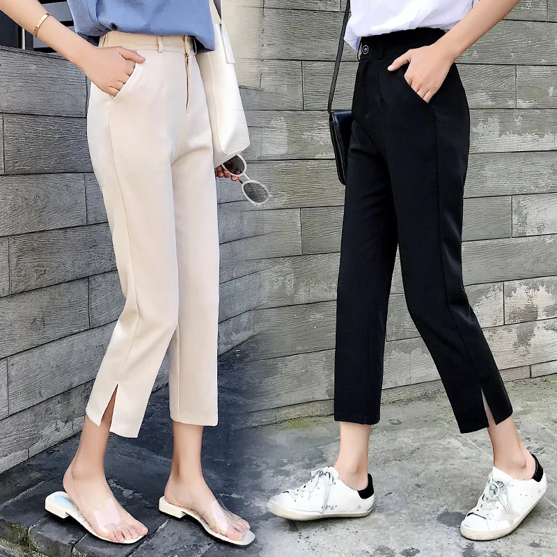TingYiLi Korean Style Summer Women Suit Pants High Waist Beige Black Pants With Slit Elegant Ladies Girls Casual Pants Capri
