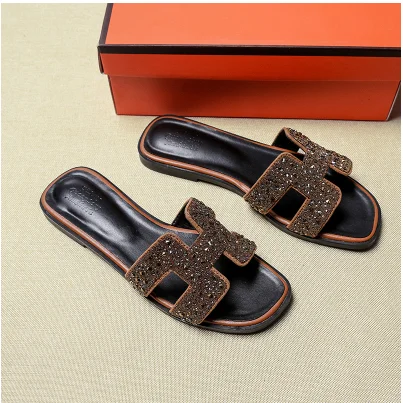 

Famous designer brand slippers high quality natural leather ladies sandals fashion brand flat shoes ladies slippers size 35-43